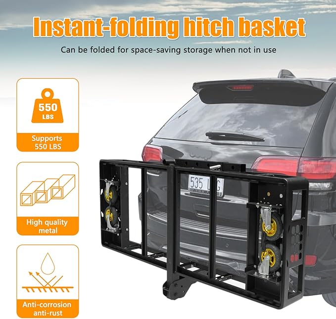 Folding Trailer Hitch Mount Cargo Basket Steel Luggage Carrier Rack Fits 2" Hitch Receiver for SUV Pickup Truck
