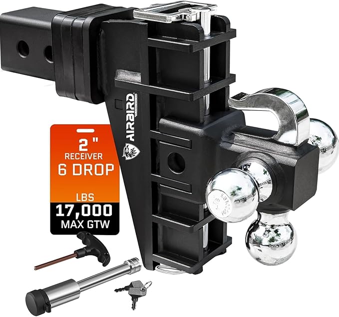 Airbird Adjustable Trailer Hitch with Hook Tri-Ball(1-7/8",2", 2-5/16") Fits 2-Inch Receiver MAX 17000 LBS GTW,Class 3 Tow Hitches 6”Drop/Rise, Heavy Duty Truck,BLK