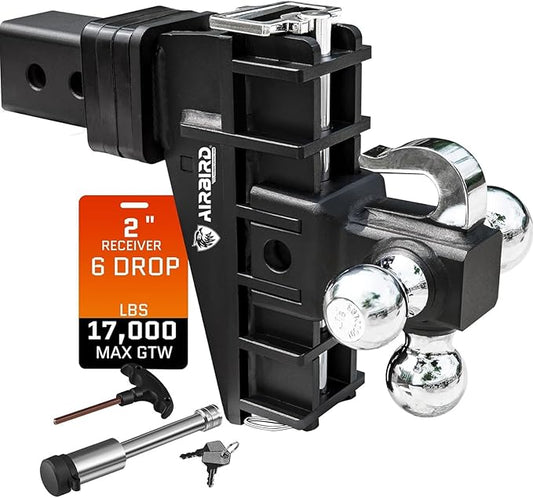 Airbird Adjustable Trailer Hitch with Hook Tri-Ball(1-7/8",2", 2-5/16") Fits 2-Inch Receiver MAX 17000 LBS GTW,Class 3 Tow Hitches 6”Drop/Rise, Heavy Duty Truck,BLK