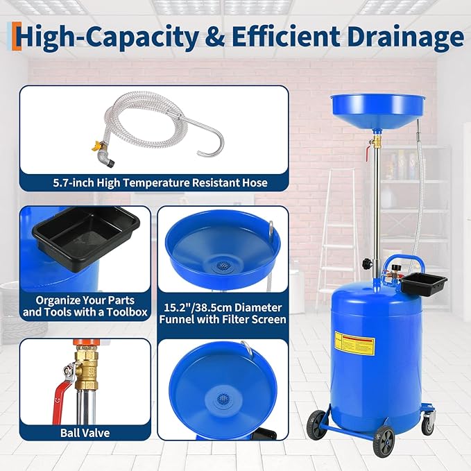 20 Gallon Waste Oil Drain Tank Portable Air Operated Oil Drainer with Adjustable Funnel Height 38-65 Inches 15 Inch Funnel Fluid Fuel Transfer Drain Container with 360 Degree Wheels and Toolbox Blue