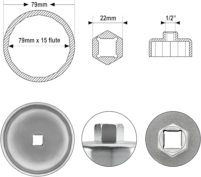Jetech Oil Filter Cap Wrench for Toyota Nissan Subaru Kia, 79mm 15 Flute Precision Oil Filter Cap Remover Tool Socket Type