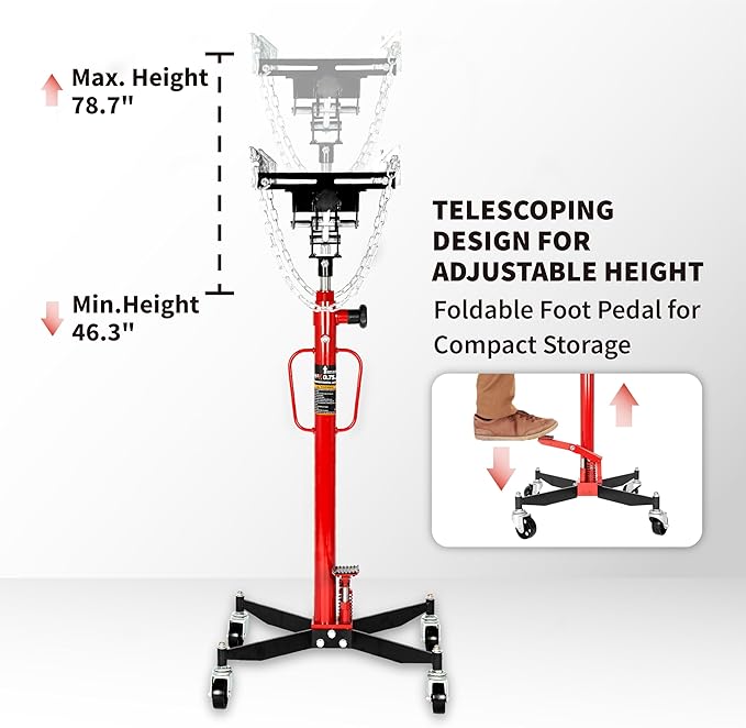 0.75 Ton (1660 lbs) Hydraulic Telescoping Transmission Jack with 360° Swivel Wheels, Foldable Foot Pedal, Adjustable Garage/Shop Lift Hoist for Auto Repair & Vehicle Maintenance