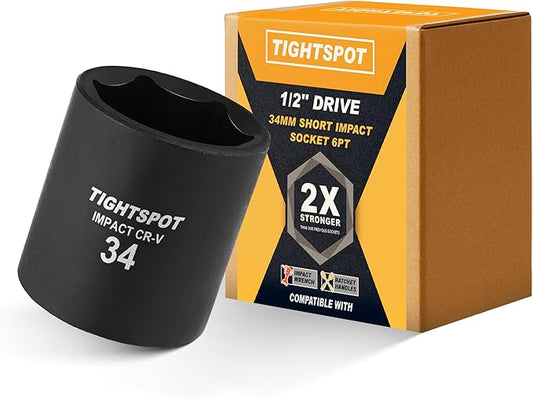 TIGHTSPOT 1/2 Inch Drive 34mm Shallow Impact Socket with Anti-Rounding 6 Point Design, Heat-Treated CRV Steel