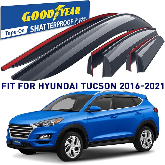 Goodyear Shatterproof Window Deflectors for Hyundai Tucson 2016-2021, Tape-on Rain Guards, Window Visors, Vent Deflector Visor, Car Accessories,6 pcs. - GY008678