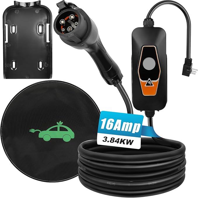 Portable EV Charger Level 2, 16Amp 240V, Electric Vehicle Charger with 16.5FT Cable, NEMA 6-20 Plug, Portable Electric Car Charger, Compatible with SAE J1772 Evs