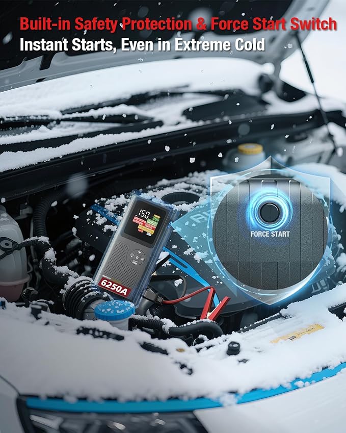 CS02 6250A Peak Jump Starter with Air Compressor, 20000mAh Battery Pack, 8.5L Gas/6.5L Diesel, USB-A Charging, Smart Display, 50 Starts, Safety Protection