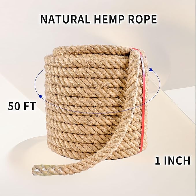 Jute Rope: Twisted Manila, 25mm Natural Thick Hemp - Heavy Duty Tug of War & Home Decor, 50 ft