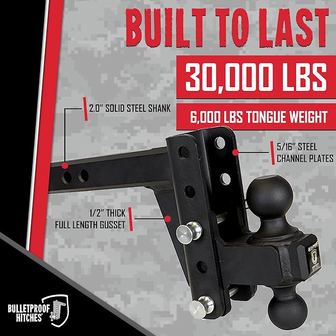 BulletProof Hitches - 2.0" Adjustable Extreme Duty Trailer Hitch (30,000 lb. Rating) - 4" Drop/Rise with 2" and 2 5/16" Dual Ball - Powder Coat, Solid Steel, Corrosion-Resistant