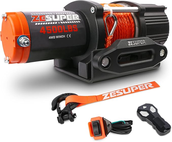 ZESUPER 4500 lb Winch Electric Winch with Wireless Remote Waterproof IP67 Synthetic Winch Rope Hawse Fairlead Handheld Remote ATV UTV Winches 12V Portable Power Winch