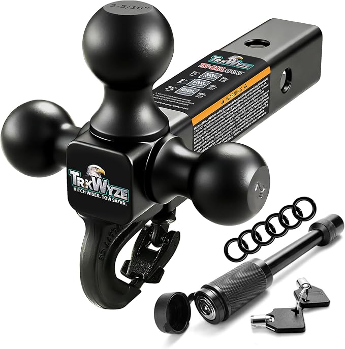 Trailer Hitch, Tri Ball Hitch with Tow Hook, 1 7/8 Ball Hitch, 2 inch Ball Hitch, 2 5/16 Ball Hitch, Premium Black E-Coat, Rust Resistant 2 inch Receiver Hitch, 10,000 lbs GTW