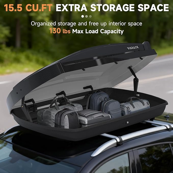 Roof Cargo Box, Dual-Side Opening Design, 15.5 Cubic Feet Capacity, Waterproof Hard-Shell Storage Box, Includes Straps and Spare Key,Ideal for Travel and Luggage Transport, (B58)