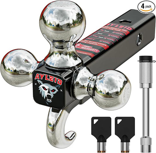 Ayleid Trailer Hitch Tri-Ball Mount with Hook & Pin Balls Sized 1-7/8 , 2 & 2-5/16 inches , Tow Hitch with Anti-Theft Locking Pin, Silver