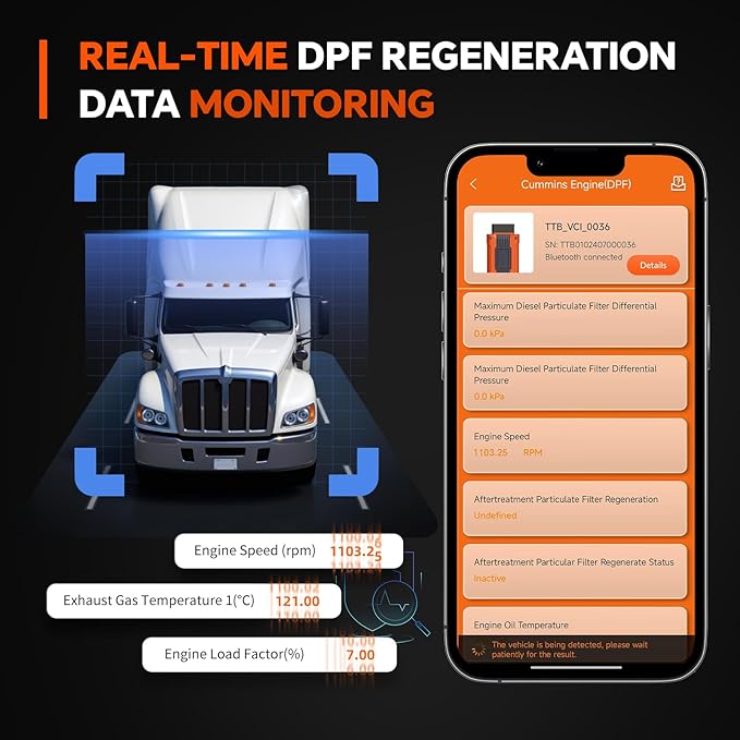 Real-Time DPF Regeneration Monitor, OBD2 Code Reader for Heavy Duty Truck Compatible with Volvo Engines, Condition-Based Regen and Reset for Smoother Driving