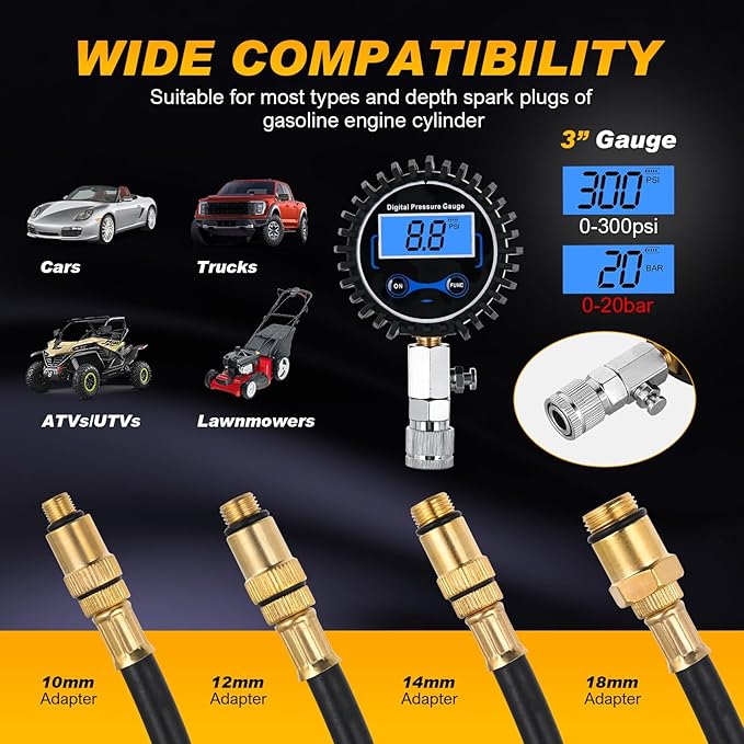 Nilight Compression Tester Kit, Digital Compression Gauge 0-250PSI Automotive Tool for Petrol Gasoline Engine Cylinder Compression Test with Adapter & Hose