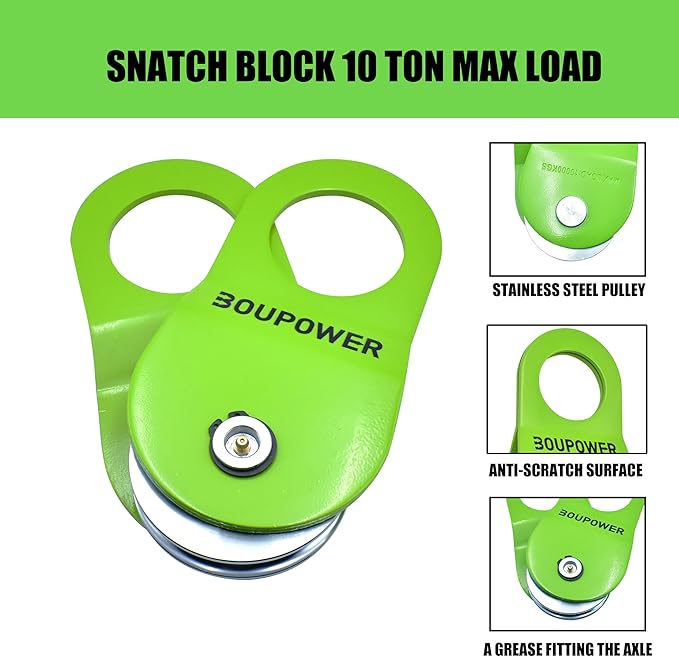 Off Road Winch Recovery Kit, 10 Ton Heavy Duty Snatch Block Pulley with 3" x8' Tree Saver Strap and 2Pcs 3/4" D Ring Shackles, Winching Accessories for Truck Car SUV ATV Green