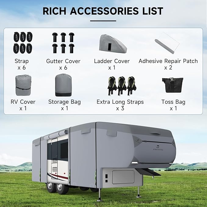 5th Wheel Cover Fits 34'-37': Extra-Thick 7 Layers Top, Heavy Duty Anti-UV Waterproof Fifth Wheel RV Cover, with 2 Pcs Windproof Extra Straps