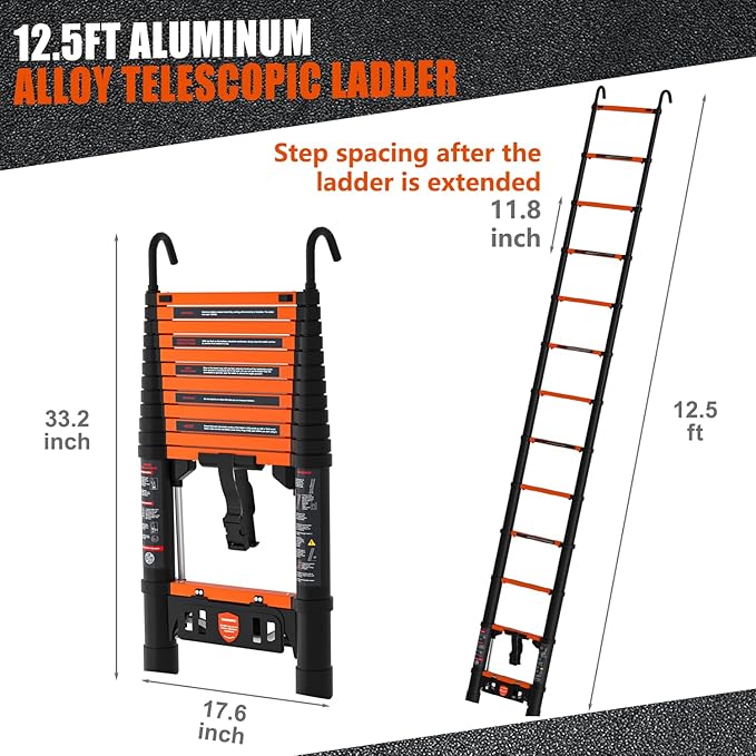 12.5FT Telescoping Ladder,3-Second Quick Folding & Locked-in Safety,Aluminum Extension Ladder for RV/Home/Outdoor, 330lbs Max Load