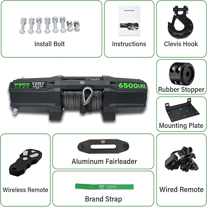 TYT 6500 lb UTV Winch Kit,12 Volt DC Electric Trailer Winch with Wireless Remote and Wired Switch,1/4" x 50FT Synthetic Rope Winch with Rubber Stopper and Mounting Plate