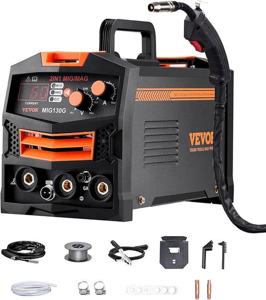 VEVOR MIG Welder, 130A Synergic Mig Welding Machine, 2-in-1 Gas MIG/Gasless Flux Core MIG Multi-Process Welder Machine, 110V Portable Mig Welder with IGBT Inverter Technology & Digital Display Screen