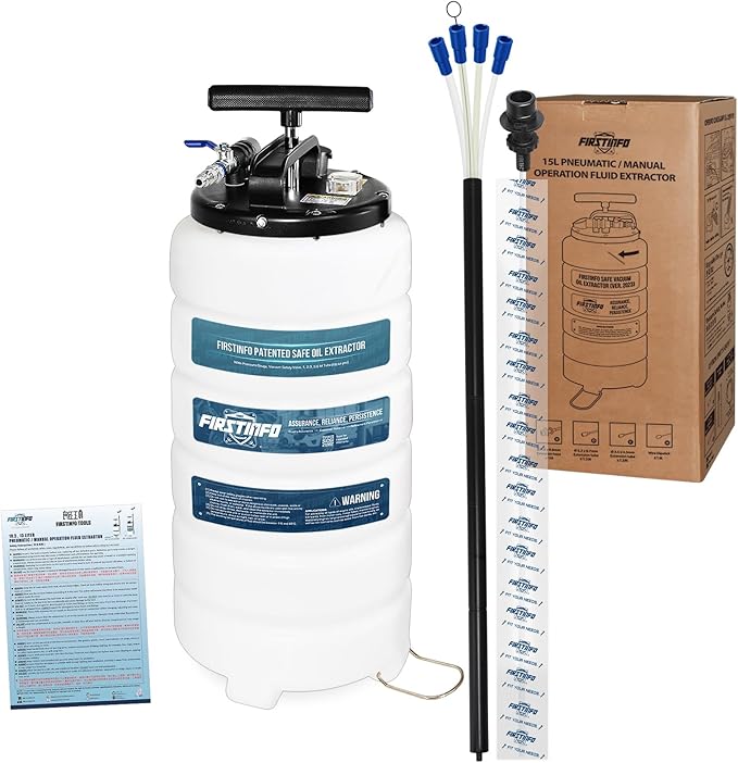 FIRSTINFO A1106USY5 Patented Third Generation 15L Taiwan Pneumatic/Manual Oil Vacuum Extractor | Safety Pressure Gauge | 51 Inch Tube | 11.8 feet Tubes Length | Thinnest Tube