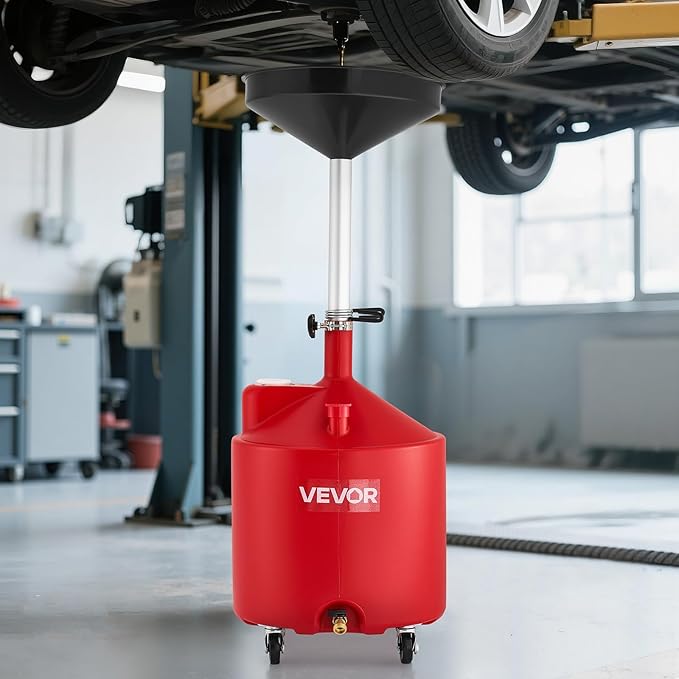 VEVOR 18 Gallon Waste Oil Drain Tank, Industrial Fluid Drain Tank with Adjustable Funnel Height, Portable Oil Drainer with Wheels, Fluid Fuel Transfer Drainage for Auto Repair Shops, Garages, Red