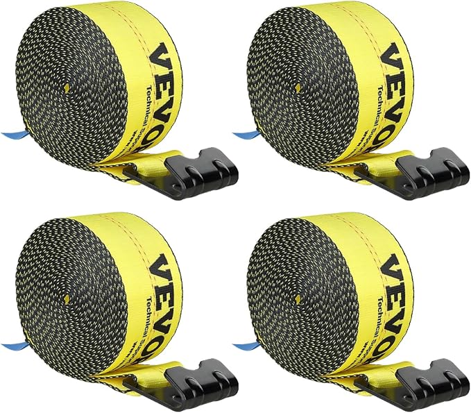 VEVOR Truck Straps, 4" x 30' Heavy Duty Tie Down w/Flat Hooks 18,000lbs Break Strength, WLL# 6000lbs, Cargo Straps tie Down for Flatbeds, Trucks, Trailers, Farms, Rescues, Tree Saver, Yellow(4 Pack)