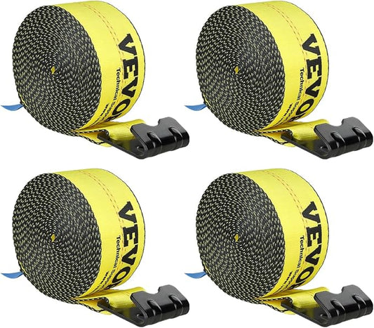VEVOR Truck Straps, 4" x 30' Heavy Duty Tie Down w/Flat Hooks 18,000lbs Break Strength, WLL# 6000lbs, Cargo Straps tie Down for Flatbeds, Trucks, Trailers, Farms, Rescues, Tree Saver, Yellow(4 Pack)