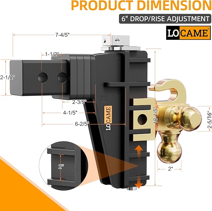 LOCAME Adjustable Trailer Hitch with Hook, Tri-Ball (1-7/8", 2", 2-5/16") Drop Hitch, Fits 2.5 Inch Receiver, 6" Drop Down Hitch, 18,500 LBS Heavy Duty Truck, Solid Ball Mount, Gold, LC0085