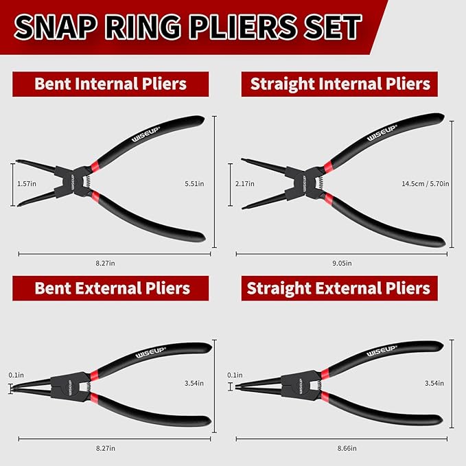 WISEUP Snap Ring Pliers Set Heavy Duty,4PCS-9 inch long Internal/External Circlip Pliers Kit,Straight/Bent Jaw Tips C-Clip for Ring Remover Retaining (9 inch Circlip Pliers, 4 pcs)