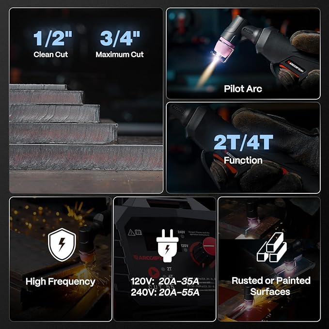 ARCCAPTAIN 55A Plasma Cutter, Non-Touch Pilot Arc High-Frequency Plasma Cutting Machine, 120/240V Dual Voltage IGBT Inverter, 1/2" Clean Cut, 2T/4T, for Beginners DIY