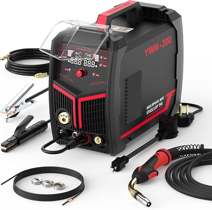 YESWELDER 200Amp Aluminum MIG Welder YWM-200, 110/220V Dual Voltages MIG Flux Cord Stick Lift TIG Multi Proces MIG Welding Machine,Spool Gun Compatible