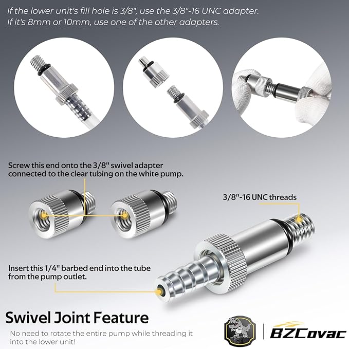 Lower Unit Gear Oil Pump for Standard Quart Bottles - 8cc Pump, 8mm & 10mm Adapters, 3/8" Metal Swivel - Outboard Motors Gear Lube Pump for Mercury, Yamaha, Suzuki, and More