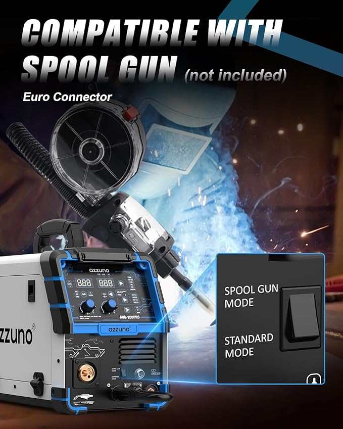 AZZUNO 200A MIG Welder Machine 110V/220V, 8 in 1 Welding Machine Aluminum MIG/Spool Gun Compatible/Gas MIG/MAG/Flux Core MIG/Spot MIG/Lift TIG/Stick Welding, Multiprocess Welder