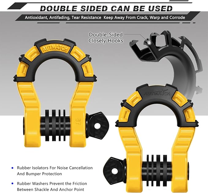 AUTMATCH D Ring Shackles 3/4" Mega Shackle (2 Pack) 68,000Ibs Break Strength - Heavy Duty Clevis Shackles with 7/8" Screw Pin and Isolator Washer for Tow Strap Winch Off Road Vehicle Recovery, Yellow