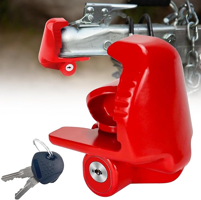 Trailer Hitch Locks with Keys, Universal Size Fit 1-7/8,2-5/16,2 Inch Ball Hitch Coupler Lock, Adjustable Heavy Duty Steel Trailer Tongue Lock for Boat, Trailers and RV, Anti-Theft Hitches, Red-1 Pack