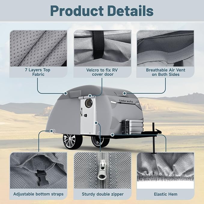 Umbrauto Teardrop Trailer Covers Fits 12-15ft Campers, 7 Layers Top Heavy Duty Waterproof Camper Cover with Windproof Strap for R-Pod Trailers, Clamshell Trailers