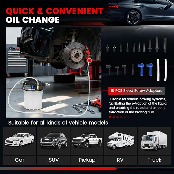 WNZ 2.1Qt Brake Bleeder Vacuum Pump Kit,Universal One Person Pneumatic Brake Fluid Bleeder Kit with 1Qt Refilling Bottle & 18pc Adapters for Automotive Bleeding