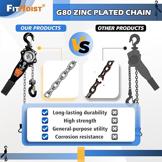 1 Ton Chain Hoist 2200LBS Capacity 10Ft Lift Manual Lever Chain Hoist Manganese Steel G80 Chain w/ 2 Heavy Duty Hooks, for Open-Air and Confined Space Lifting