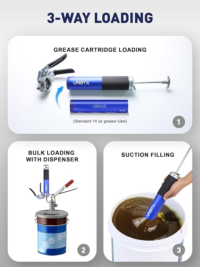 8000 PSI Pistol Grip Grease Gun, Professional 14 oz Grease Guns, Heavy Duty Aluminum Greese Gun Kit with Flex Hose & Rigid Pipe & 2 Coupler