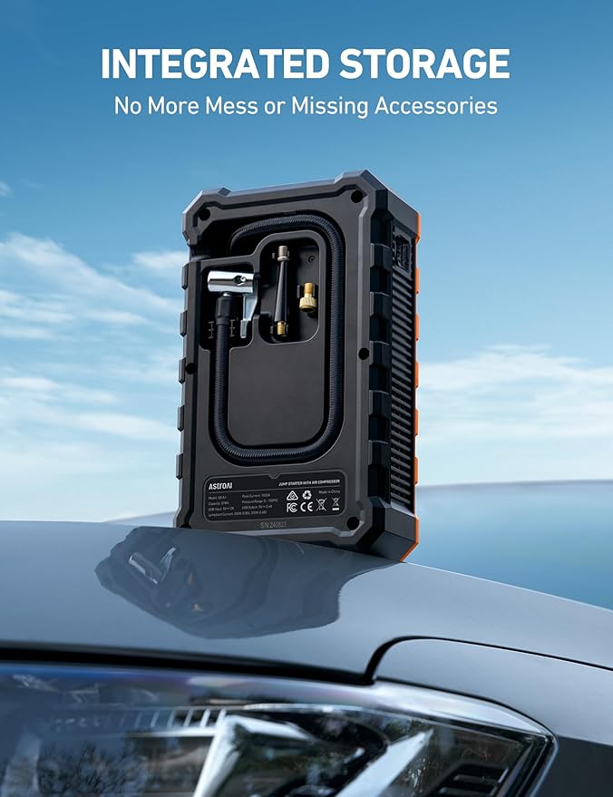 AstroAI S8 Air Jump Starter with Air Compressor, 3000A Peak Car Battery Jump Starter Portable (9.0 Gas/6.5L Diesel) with 150PSI Cordless Auto-Shutoff Tire Inflator, 12V Battery Charger Booster(Orange)