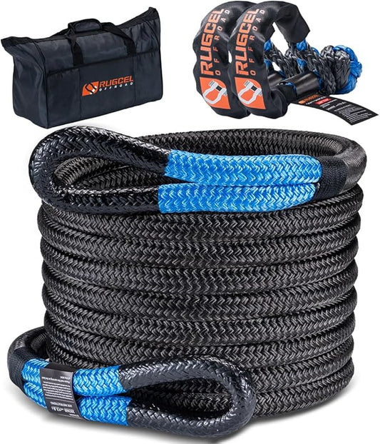 RUGCEL Kinetic Recovery Rope Kit 34000 lbs，1in×30ft Power Recovery Tow Rope，Soft Shackle, Car Logo， Suitable for ATV, UTV Trucks,Car
