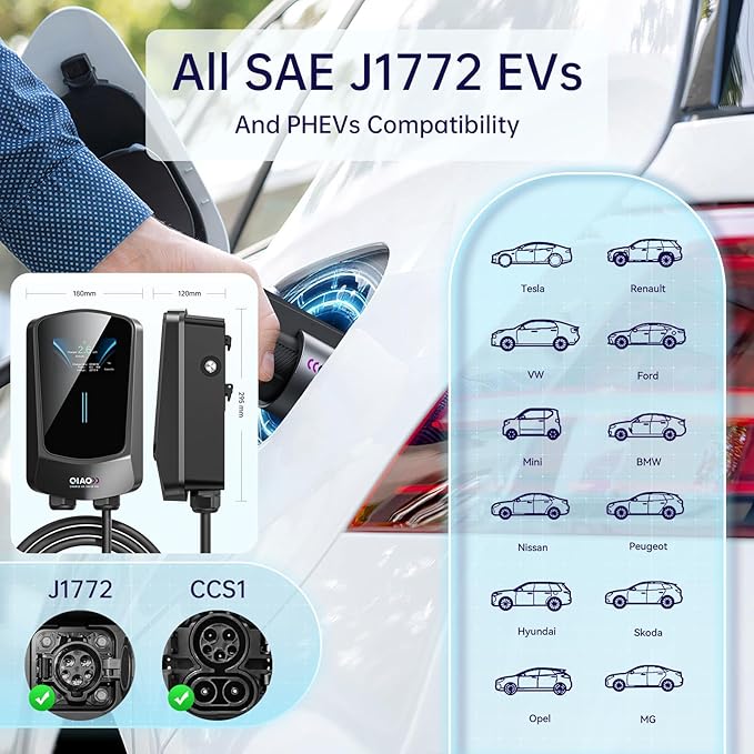 QIAO Level 2 EV Charger, Up to 48A Hardwired Electric Car Charger, Wi-Fi Bluetooth APP Enabled EVSE, 4.3in Display, 25ft Cable, Charge Station Compatible with All SAE J1772 EV Models (Black)