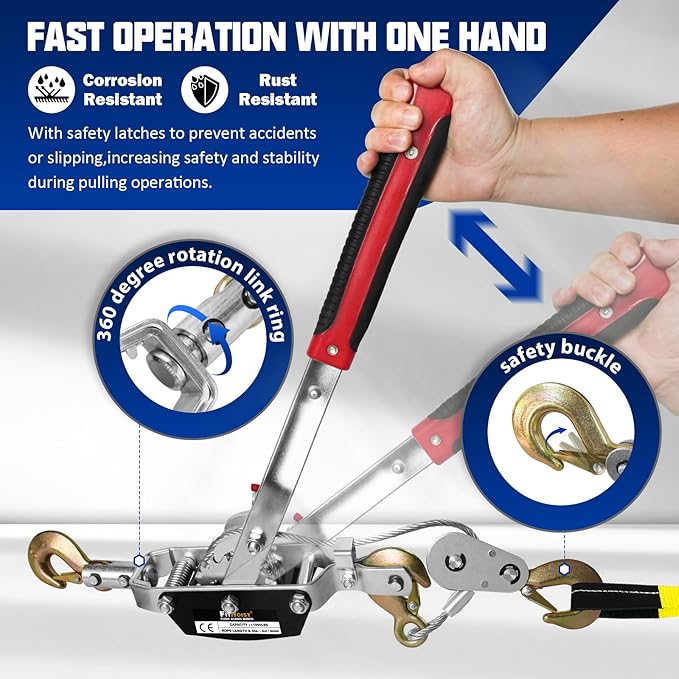 5-Ton Come Along Winch Heavy Duty 11.5ft Steel Cable Come Along Cable Puller with 3 Hooks Dual-Gear Come Along Tool for Vehicle Rescue & Automotive Hoisting