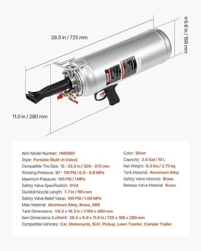 VEVOR Portable Tire Bead Seater, 2.6 Gal/10 L Air Bead Blaster, Handheld Tire Inflator Tool, 87-116 PSI Operating Pressure, Trigger Seating Inflator for Car, Compact SUV, Light Truck, E-Bike, RV, ATV