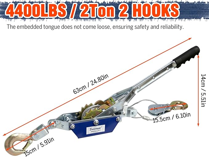 Come Along Winch - 4400 lbs/2T Pulling Capacity,12ft Steel Cable,2 Hooks,Dual Gear Power Puller,Automotive Hoist Cable Puller for Vehicle Rescue,Construction,Farm，Cable Winch Puller with Free Gloves