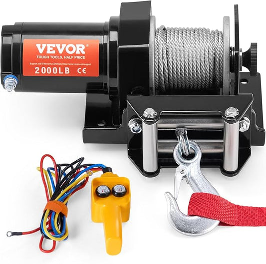 VEVOR ATV Winch, 2000 lb Electric Winch, 12V Small ATV UTV Winch with 5/32 in x 39 ft Steel Cable Roller Fairlead Wired Remote Control, IP55 Waterproof for Towing UTV ATV Car Vehicle Off-Road