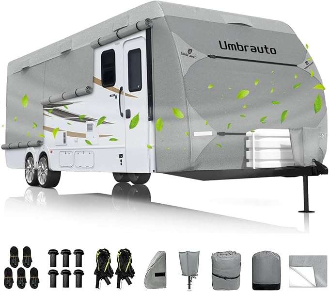 Umbrauto RV Cover 18-20ft: 7 Layers Travel Trailer Cover, Waterproof Camper Cover, Toy Hauler Cover with Tongue Jack Cover, Extra Windproof Ropes, Gutter Covers