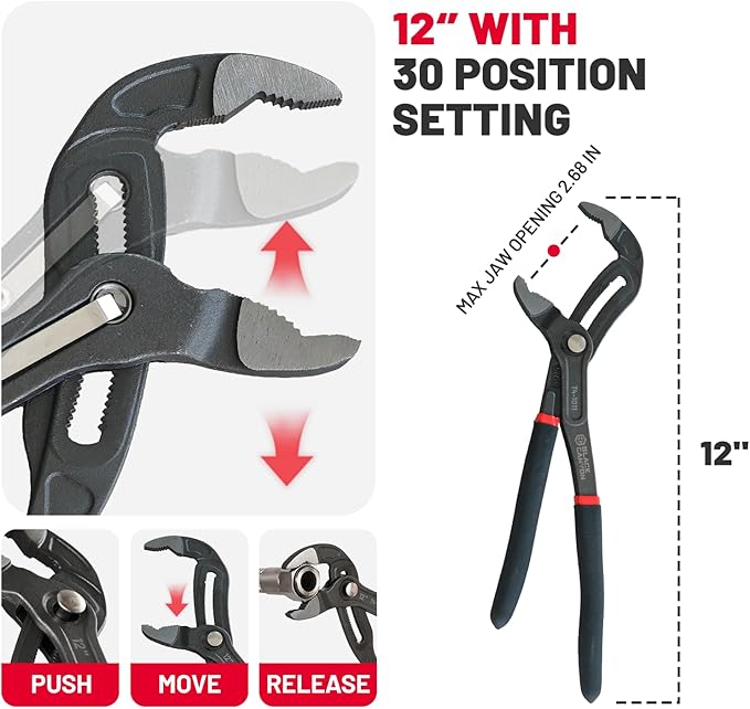 BLACK CANYON Groove Joint Plier 12in, V-Jaw Tongue and Groove Plier with Fast Adjustable 30 Jaw Positions, 50 Cr-V Steel, Ergonomic Handle for Automotive Repairs, Nuts, Bolts, Plumbing, Gripping