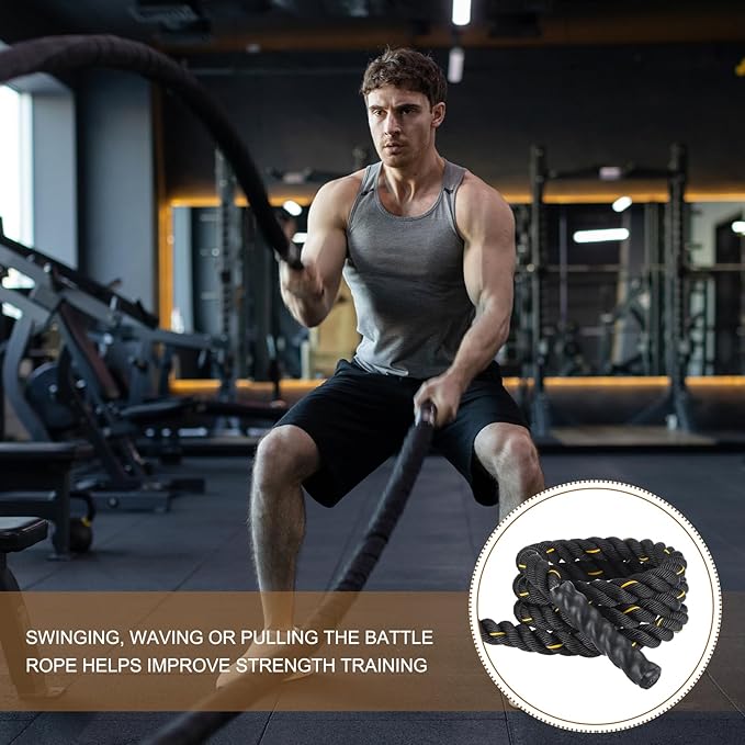 MECCANIXITY Battle Rope 10ft x 1.5 Inch Polyester Workout Rope Heavy Fitness Exercise Rope for Strength Training Home Gym Muscle Building, Black Yellow