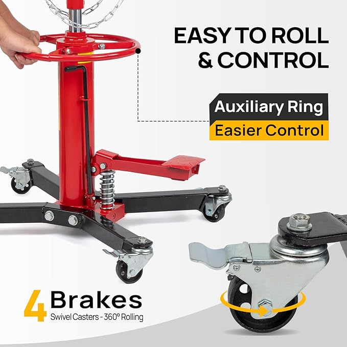 TUFFIOM Transmission Jack, 1660 lbs 3/4-Ton Hydraulic 2-Stage High Lift Vertical Telescoping Floor Jack Stand, 34" to 68" Lifting Range, w/Pedal, 360° Swivel Wheels, Garage/Shop Lift Hoist, Red